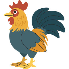 Cartoon Rooster With Red Comb Yellow Neck Blue Body and Tail Standing on Yellow Legs