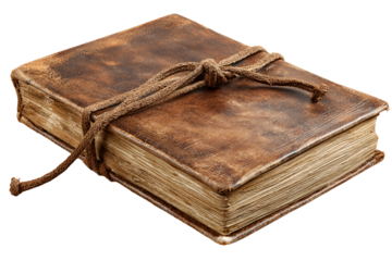 Ancient leather bound book with rope tie and aged pages on a dark background