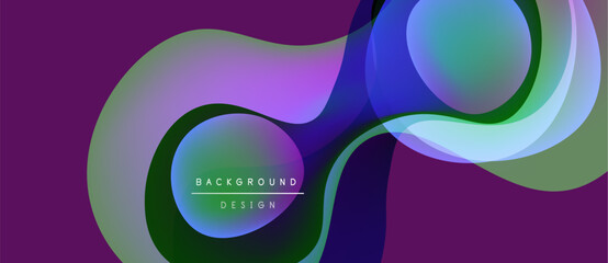Abstract flowing shapes, vibrant colors create dynamic background. Purple dominates, accented by green, blue hues. Modern design element.