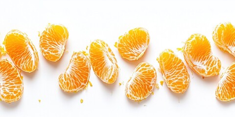 A row of peeled tangerine segments is arranged in a horizontal line against a white background. The segments are uniformly sized and show vibrant orange flesh with visible juice.
