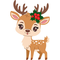 Charming cartoon reindeer with festive holly and berries adorns its head standing with white background and large antlers