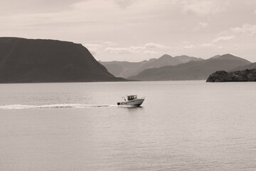 View on the boat in Norvegian sea from the Giske island, Norway