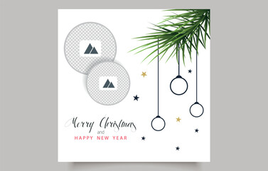 Christmas email banner. Elegant vector Christmas and New Year greeting card template with minimalist design. Includes photo frames, green pine branches, hanging ornaments, and decorative stars.