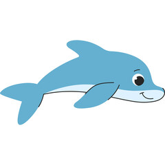 Cheerful blue cartoon dolphin smiling with black eyes and fins on a white isolated background