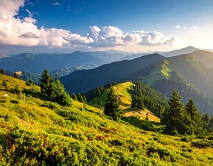 Sunny mountain range with green slopes under a blue sky