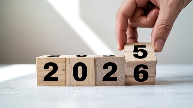 Hand turning wooden block from 2025 to 2026 symbolizing the transition and passage of time into the new year