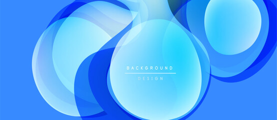 Abstract blue shapes overlap, creating dynamic background. Smooth gradients suggest fluidity, modern design aesthetic. Text reads background design.