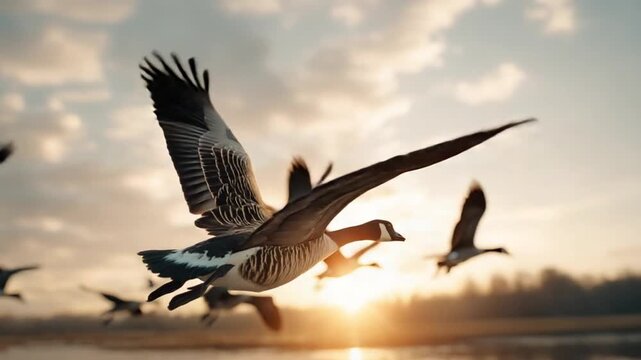 Flock of geese in flight against a cloudy sky at sunset