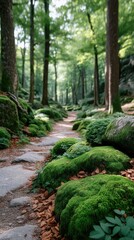 Tranquil Forest Path Lined With Lush Green Moss Covered Rocks and Towering Trees Bathed in Soft Sunlight