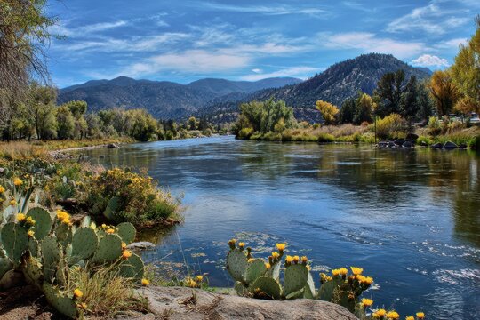 Canon City Colorado. Stunning Landscape with Arkansas River, Mountains, and Blue Sky