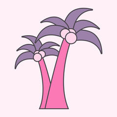 A cartoon style illustration depicts two vibrant palm trees with pink trunks, purple leaves, and round coconuts on a soft, pink background. The trees lean towards each other.