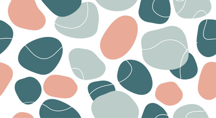 A seamless pattern of abstract, rounded organic shapes in muted teal, dusty rose, and light gray with thin white outlines.