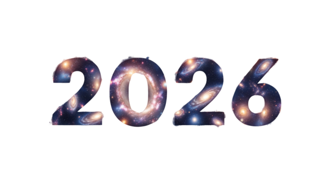 Happy New Year 2026. The year 2026 with a cosmic galaxy and nebula texture. A futuristic concept for space exploration, science, or discovery. Isolated. - Powered by Adobe