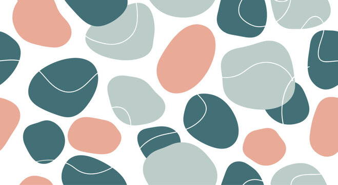 A seamless pattern of abstract, rounded organic shapes in muted teal, dusty rose, and light gray with thin white outlines.