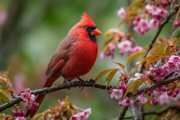 Cardinal In Cherry Tree. Red Bird Perched on Japanese Cherry Blossom Tree Branch