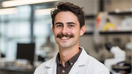 Smiling Scientist with a Moustache in Laboratory Research Environment