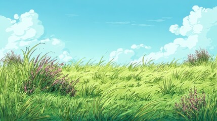 Obraz premium Cartoon Grassy Field. Illustration of a Vibrant Meadow with Lush Greenery