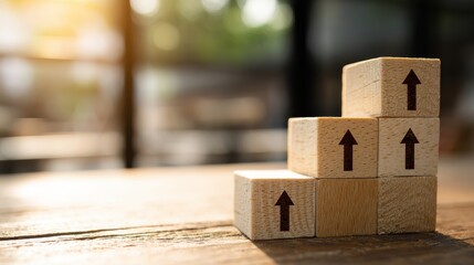 Wooden blocks arranged as steps with upward arrows, symbolizing growth and progress