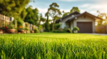 Green lawn, house background on sunny day, suburban living concept