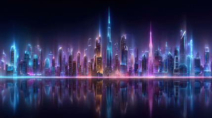 Obraz premium Futuristic neon holographic city skyline with vibrant colors and reflective surfaces, showcasing towering skyscrapers and advanced technology. atmosphere is lively and dynamic, evoking sense