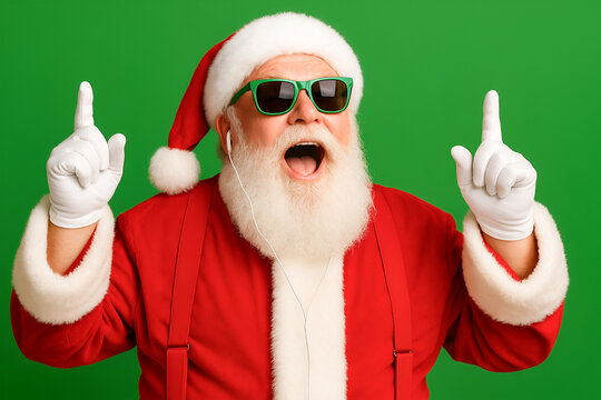 Joyful elderly man dressed as Santa Claus, wearing sunglasses and headphones, celebrating with raised hands against a vibrant green background, embodying festive cheer and holiday spirit - Powered by Adobe