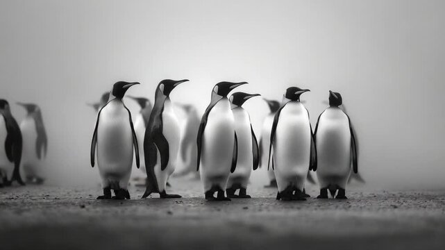 Penguin colony standing together against the backdrop of fog