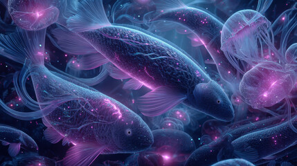 Obraz premium Vibrant underwater scene featuring futuristic neon holographic fish swimming among glowing jellyfish. ethereal atmosphere creates sense of wonder and tranquility