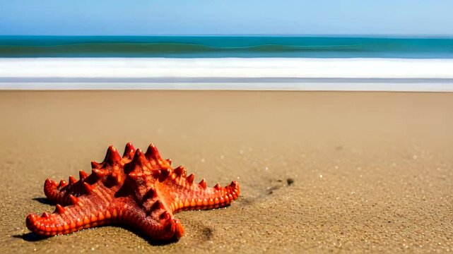 Vibrant starfish resting on sandy beach with waves crashing in background