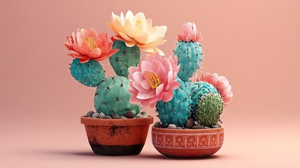This artificial cactus illustration features green and blue cacti with pink, orange, and white flowers, planted in terracotta pots and textured pots.
