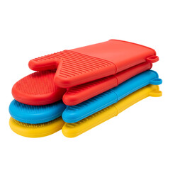 Stack of Red Blue and Yellow Oven Mitts and Pot Holders