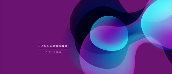 Abstract fluid shapes overlap, creating vibrant purple, blue gradients. Modern design elements suggest dynamic movement, visual depth.