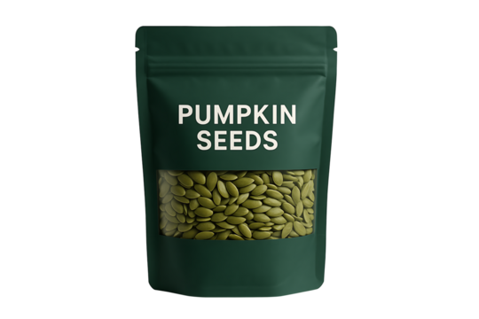Stand‑up pouch of pumpkin seeds with clear window and minimal dark green label, brandless food packaging