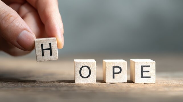 Hand arranging wooden blocks to spell the word hope on a wooden surface