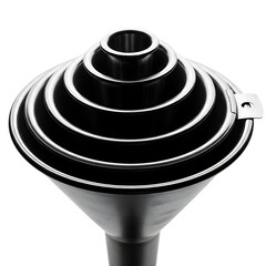 Stacked Metal Funnels on Black Background Keywords: funnel, funnels, kitchenware, cooking tool