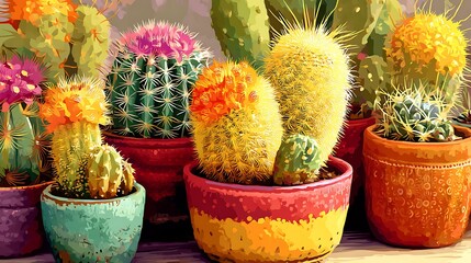 illustration of a cactus painting in a pot that has bright colors
