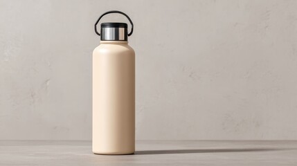 Stylish insulated water bottle on a neutral background with copy space