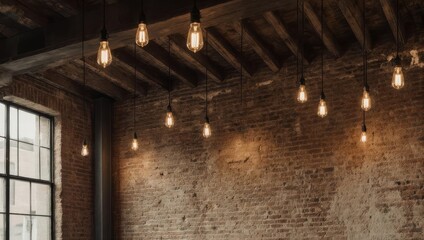 Rustic Industrial Loft Interior with Exposed Brick and Edison Bulbs.