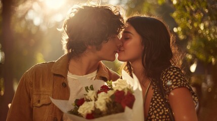 Romantic kiss of happy young couple with roses bouquet in park