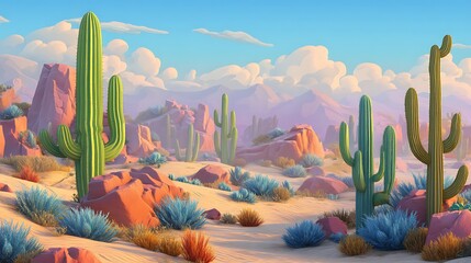 illustration of a painting of a cactus in a calm and beautiful desert