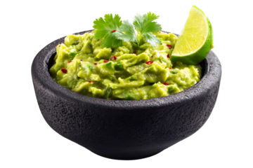 Freshly made guacamole in a dark stone bowl garnished with cilantro and lime