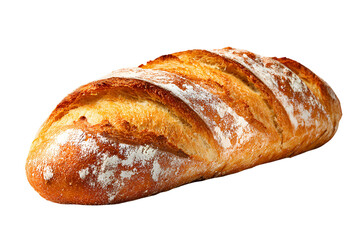 Artisan sourdough bread loaf with golden crust and flour dusting on black background