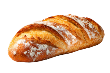 Artisan sourdough bread loaf with golden crust and flour dusting on black background
