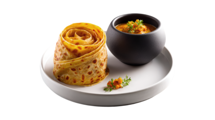 A beautifully plated dish of golden rose-shaped flatbread is served with a vibrant orange curry in a sleek black bowl on a minimalist white plate
