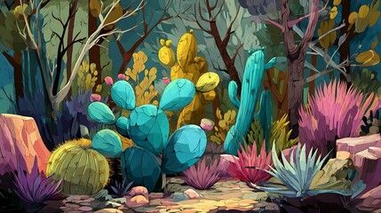 illustration of a painting of a cactus in a dark forest