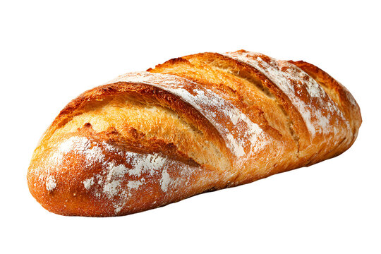 Artisan sourdough bread loaf with golden crust and flour dusting on black background