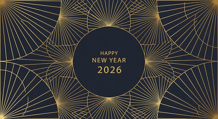 Happy New Year 2026 gold geometric art deco pattern dark blue background image