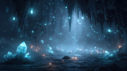 Obraz premium Surreal glowing cave features luminous crystals illuminating dark surroundings, creating magical atmosphere filled with shimmering lights and reflections