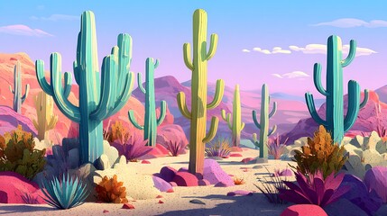 illustration of a painting of a cactus in a calm and beautiful desert