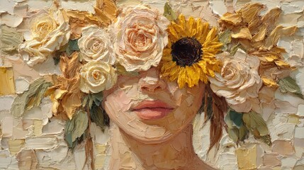 Floral headdress portraiture painting style with roses and sunflowers