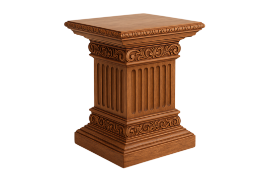 Antique style square wood plinth with decorative fluted column design and rich oak grain, studio lighting architectural detail